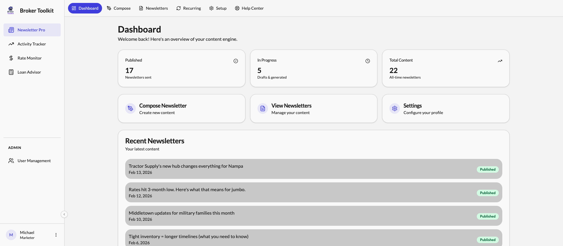 Broker Toolkit Dashboard — Newsletter Pro
